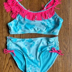 NWOT-Justice Blue Tie-Dye Two-Piece Bikini with Hot Pink Fringe